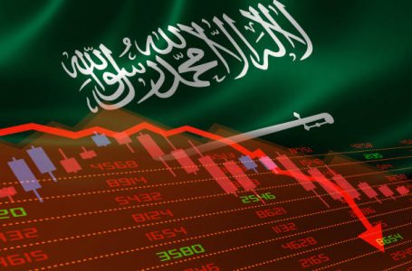 Saudi Arabia economic downturn with stock exchange market showing stock chart down and in red negative territory. Business and financial money market crisis concept caused by Covid-19 or other catastrophe.